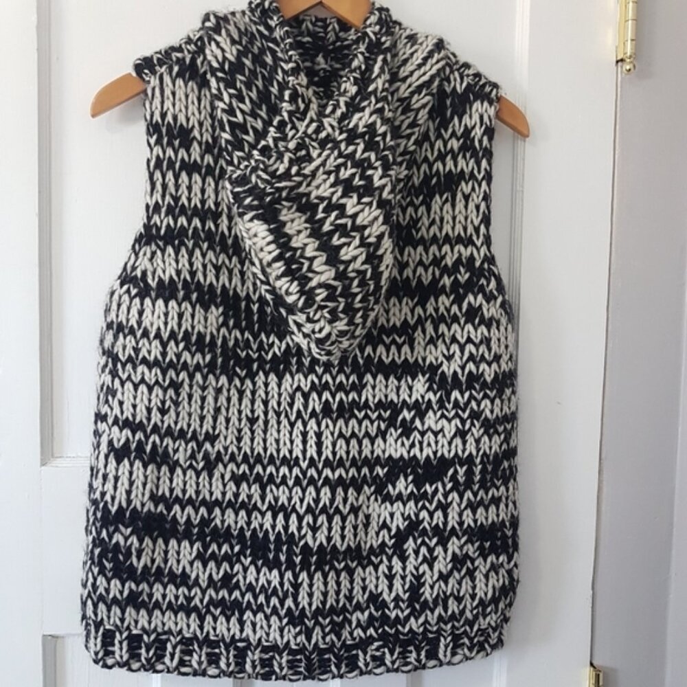 DKNY Chunky Thick Knit Wool Hooded Pullover Sweater Vest Black White Sz XL